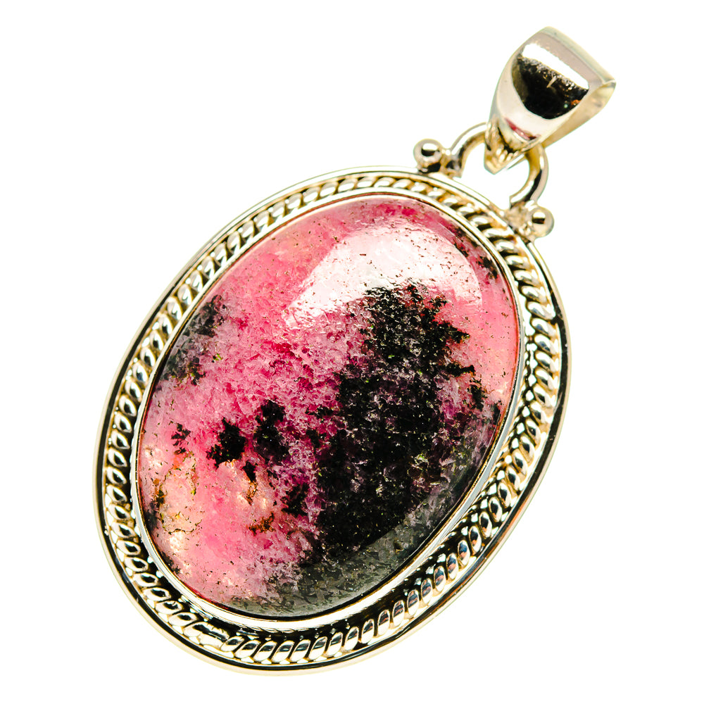 Rhodonite oval pendant in 925 sterling silver with detailed bezel bail, pink and dark stone