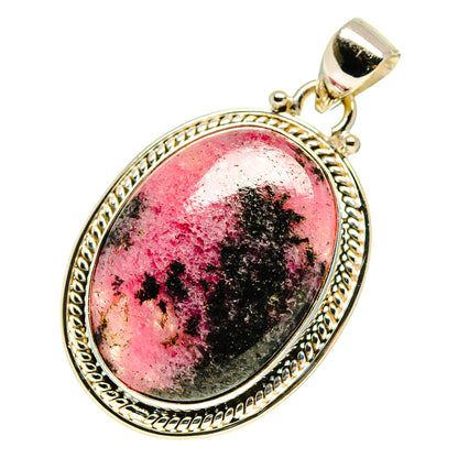 Rhodonite oval pendant in 925 sterling silver with detailed bezel bail, pink and dark stone