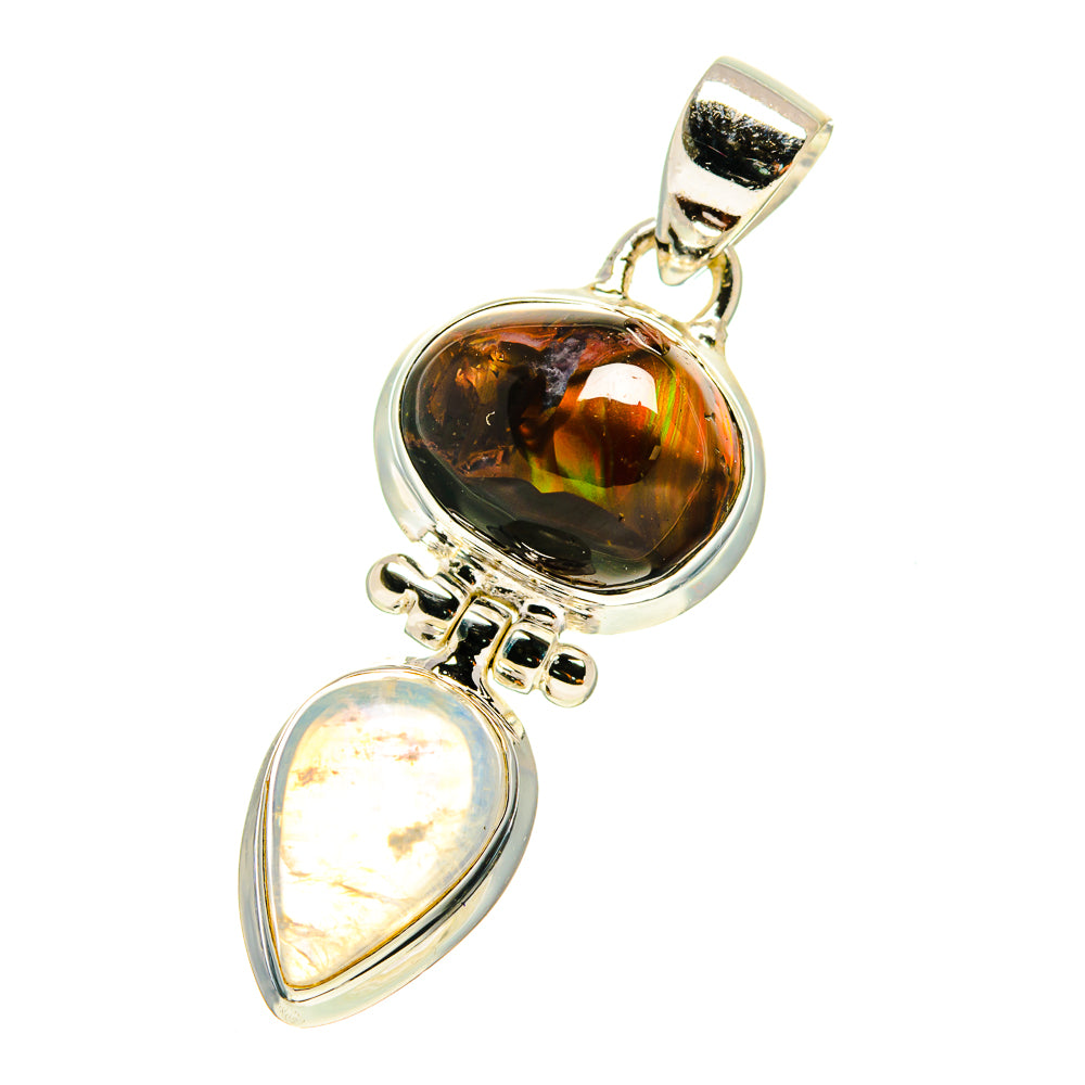 Sterling silver pendant with fire agate and rainbow moonstone drops