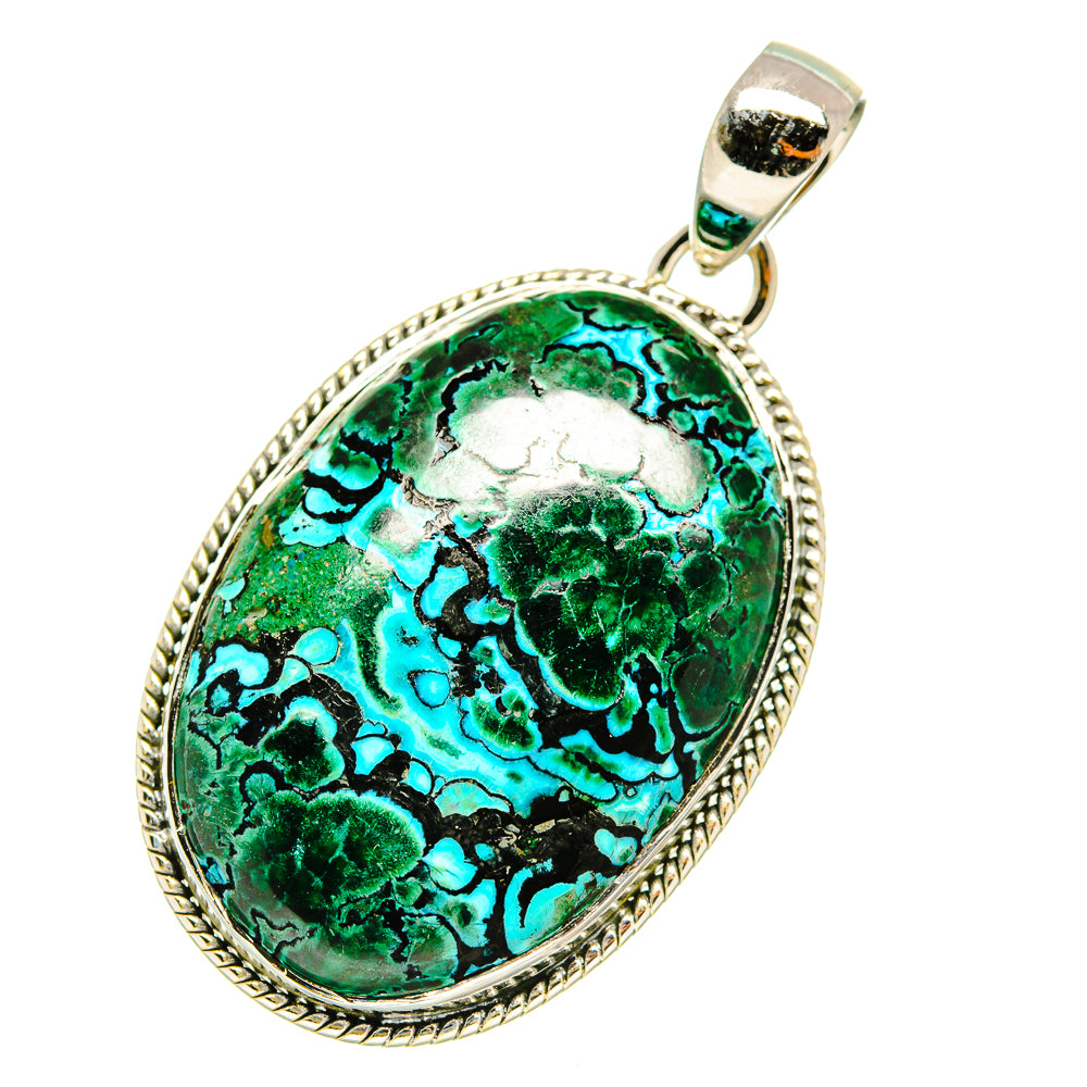 Oval green-blue stone pendant in silver bezel with top bail