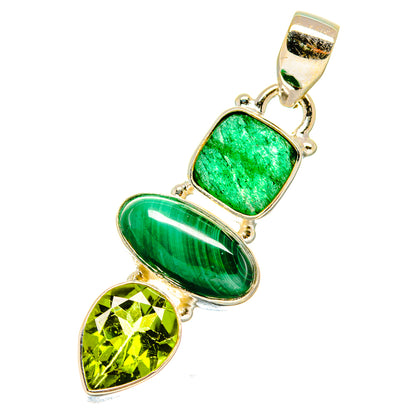 Sterling silver three-stone pendant with square green and oval green, plus yellow teardrop