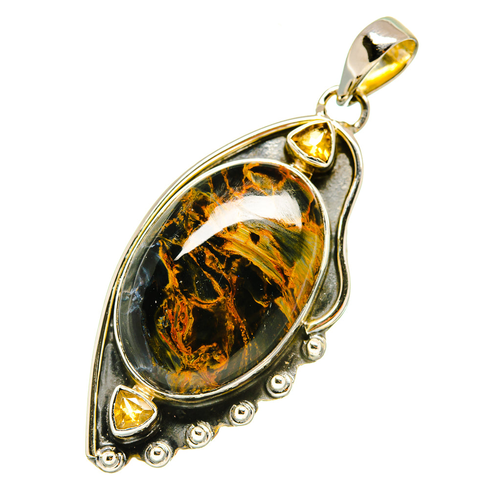 Pietersite and citrine pendant with oval stone and silver bail, small citrine accents