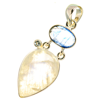 Oval moonstone pendant in 925 sterling silver with blue and pale yellow stones