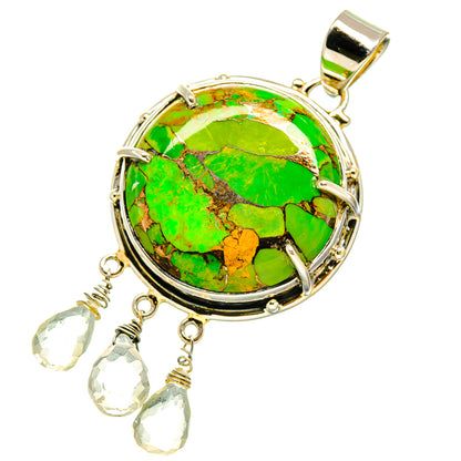 Round green turquoise pendant with silver bezel, bail, and three faceted crystal drop dangles