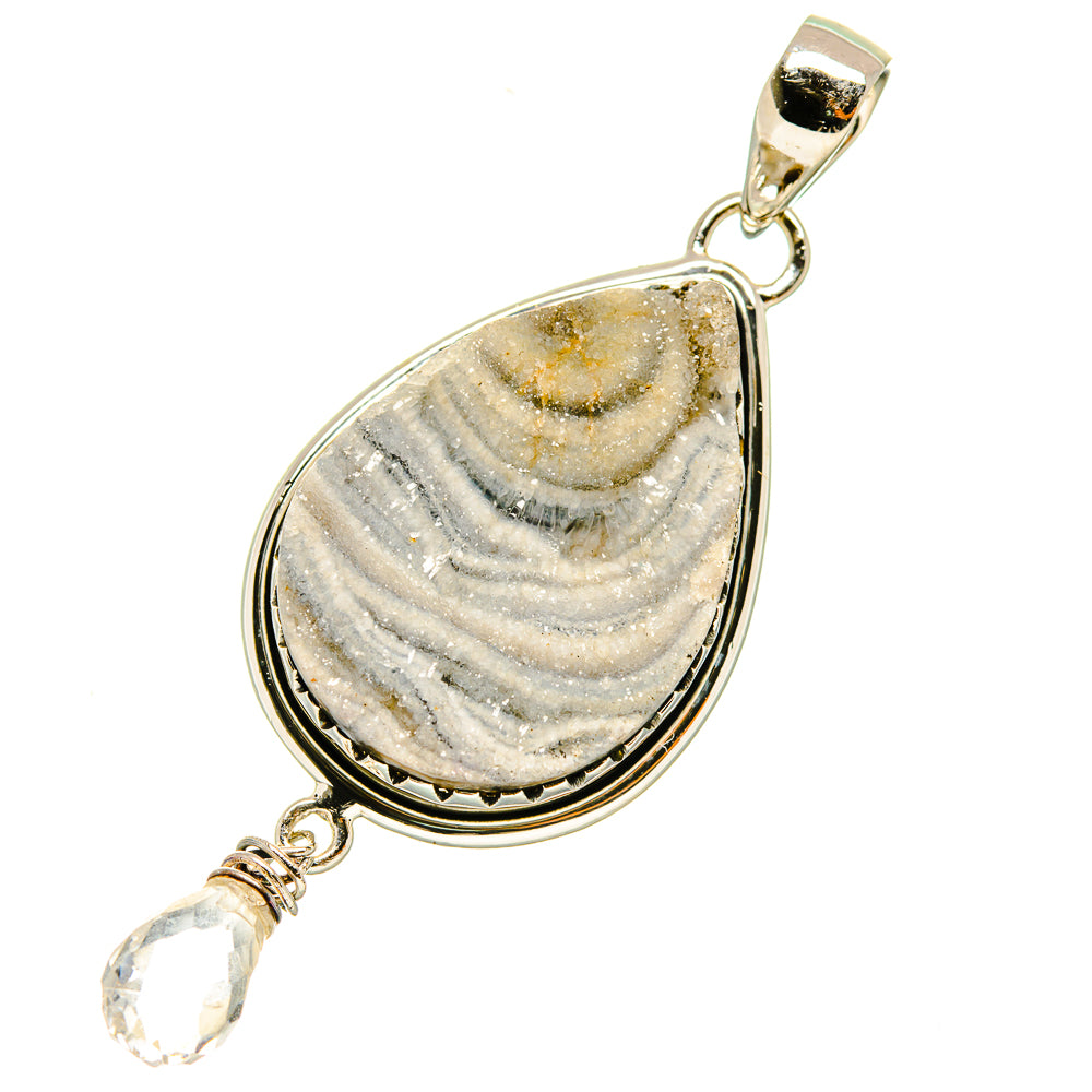 Sterling silver teardrop drusy quartz pendant with bail and dangling faceted crystal bead