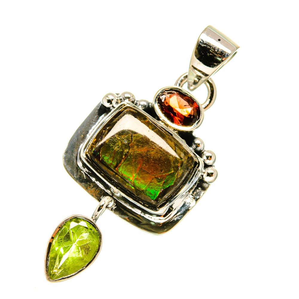 Sterling silver gemstone pendant with green ammolite square, peridot teardrop, red stone