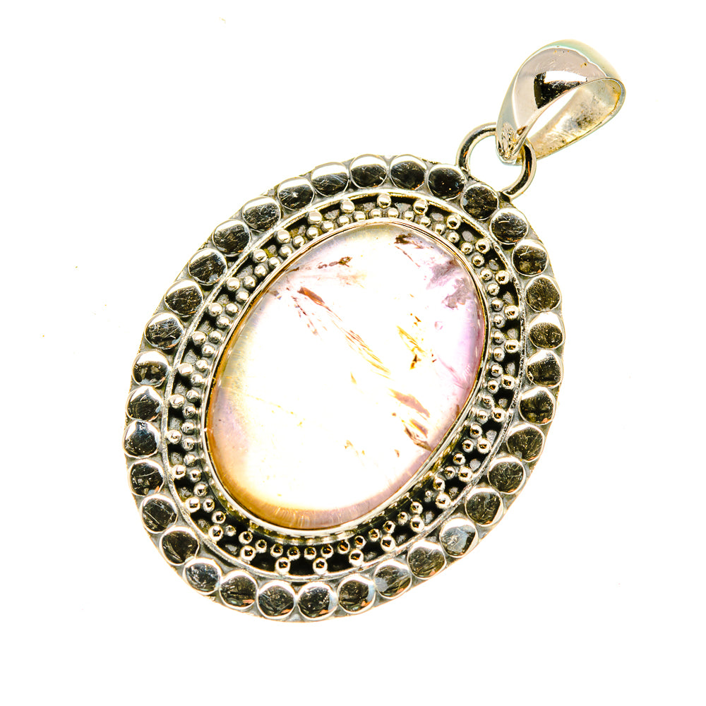 Oval sterling silver ametrine pendant with dark bead halo and light pink gemstone cabochon