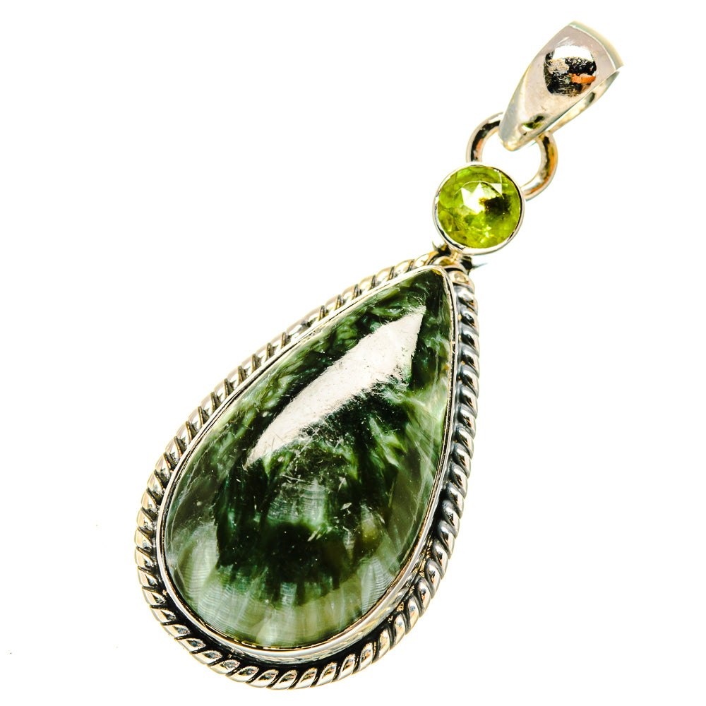 Seraphinite teardrop pendant with peridot green round top stone, 925 sterling silver