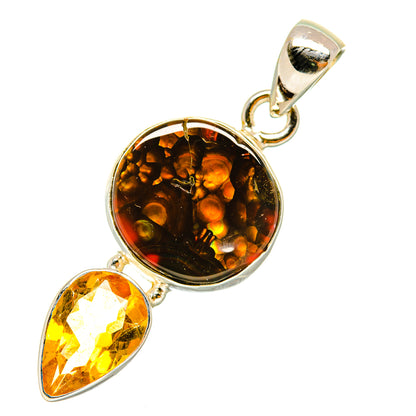 Sterling silver pendant with round amber fire agate and pear citrine stone