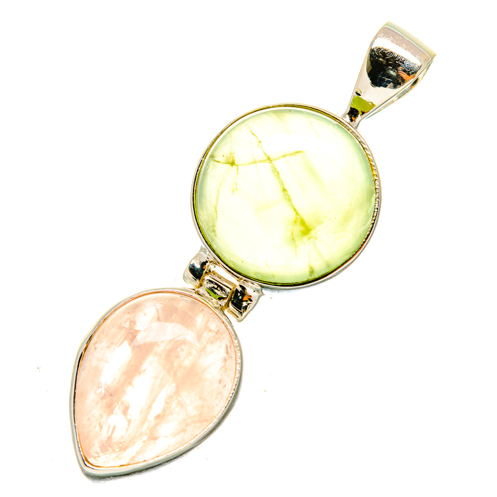 Prehnite and rose quartz pendant with oval cabochons, green above pink, sterling silver