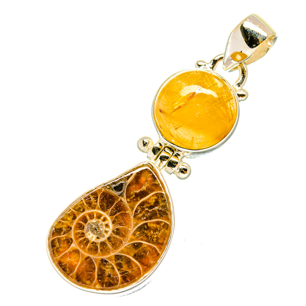 Sterling silver ammonite fossil pendant with yellow rutilated quartz drops