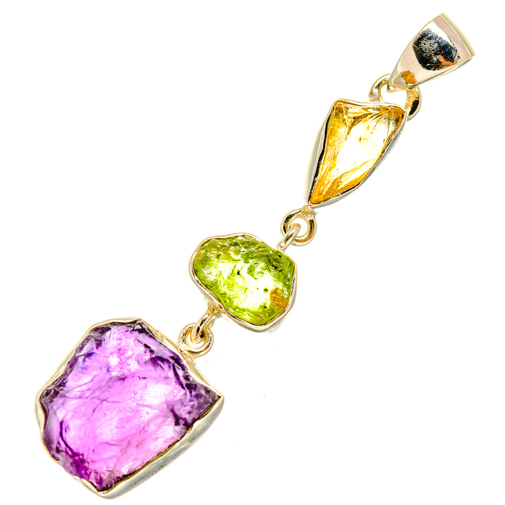 Rough gemstone pendant with purple, green, and yellow stones on bail