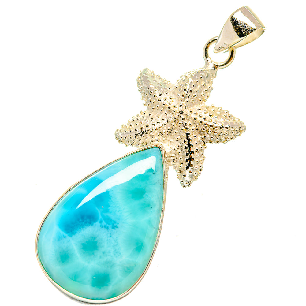 Textured starfish pendant with blue larimar teardrop stone, 925 sterling silver