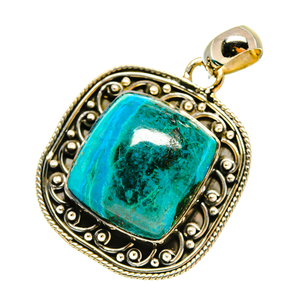 Malachite-in-chrysocolla pendant with square turquoise stone and detailed silver bezel