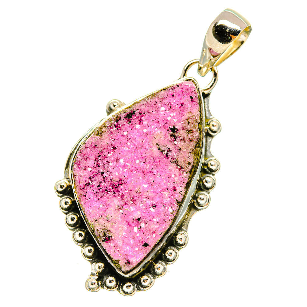 Pink druzy teardrop pendant with ornate beaded sterling silver bail