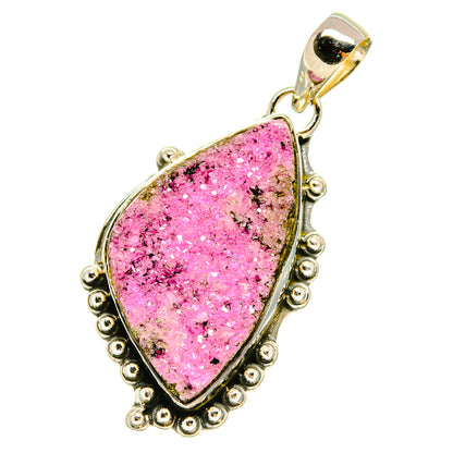 Pink druzy teardrop pendant with ornate beaded sterling silver bail