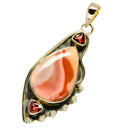 Teardrop pendant with orange-red cabochon center, red garnet details, 925 sterling silver