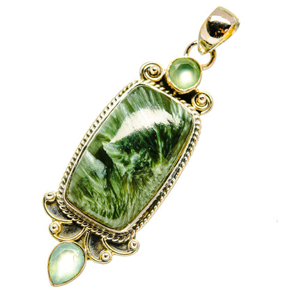 Sterling silver pendant with green rectangular stone, small green cabochons, hanging bail