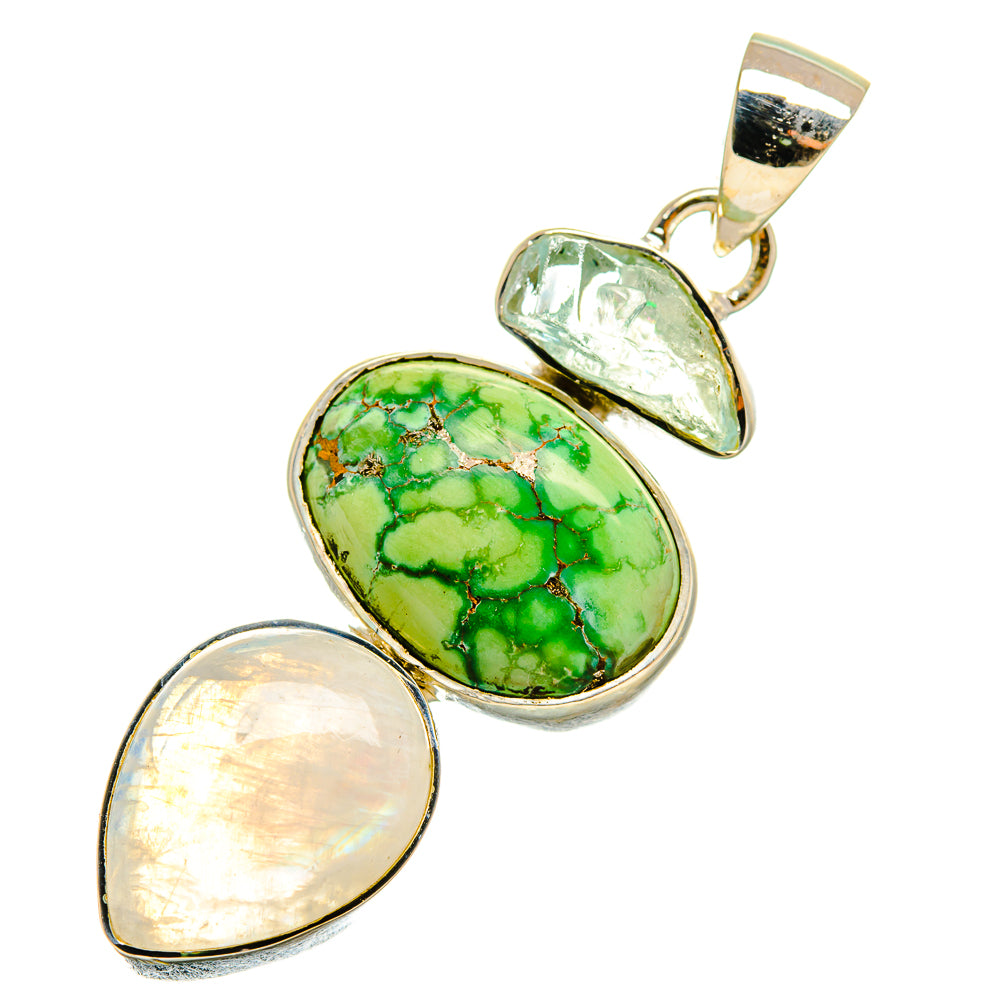 Sterling silver pendant with green turquoise and opalescent pear-shaped moonstone