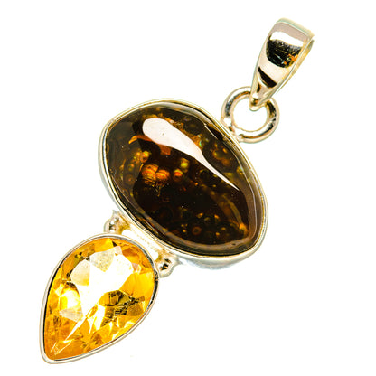 Fire agate and citrine pendant, oval dark stone with yellow teardrop, 925 sterling silver