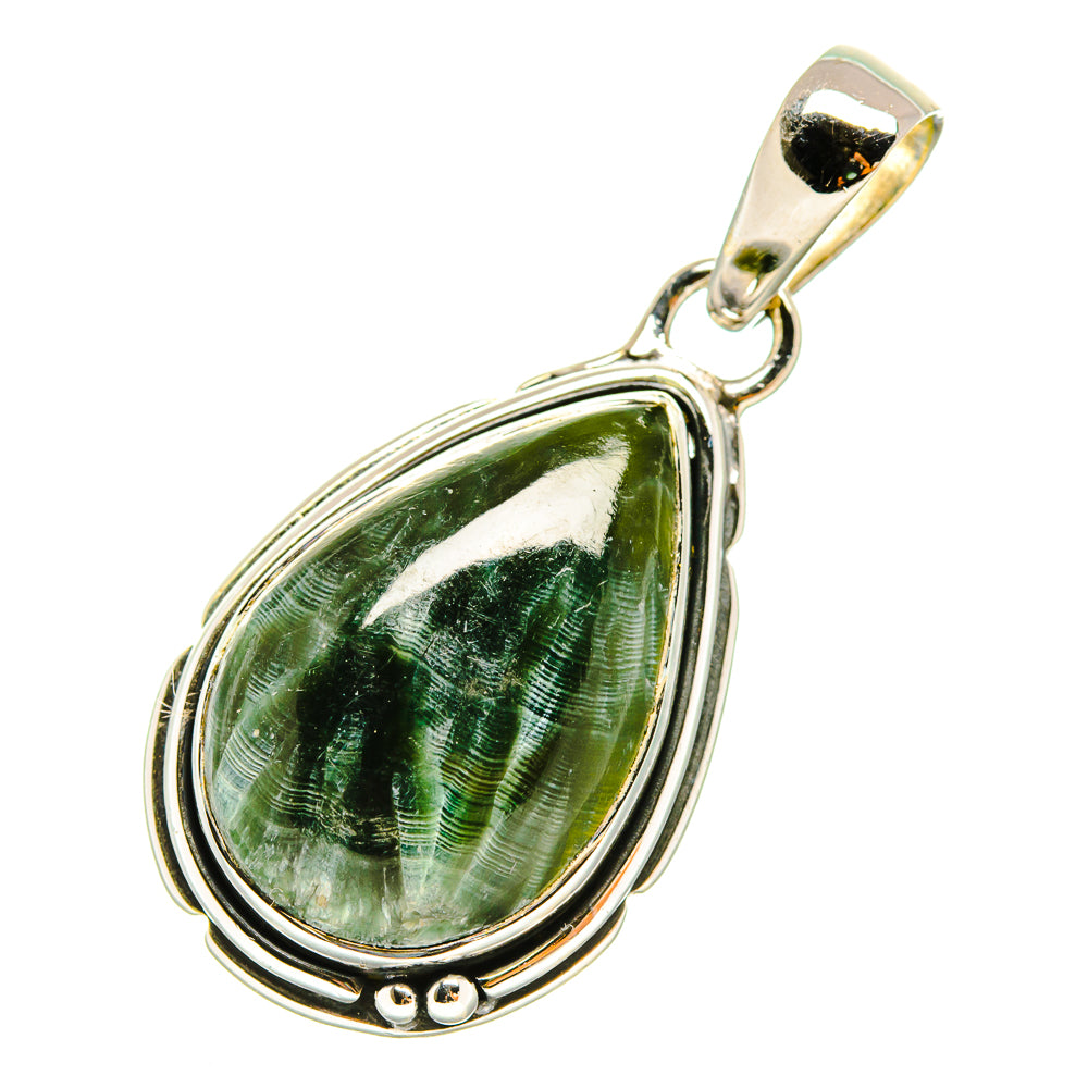 Seraphinite teardrop pendant with 925 sterling silver frame and bail, polished green stone