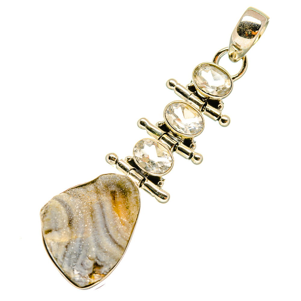 Gold-tone quartz druzy pendant with clear round accents and gray striped teardrop stone