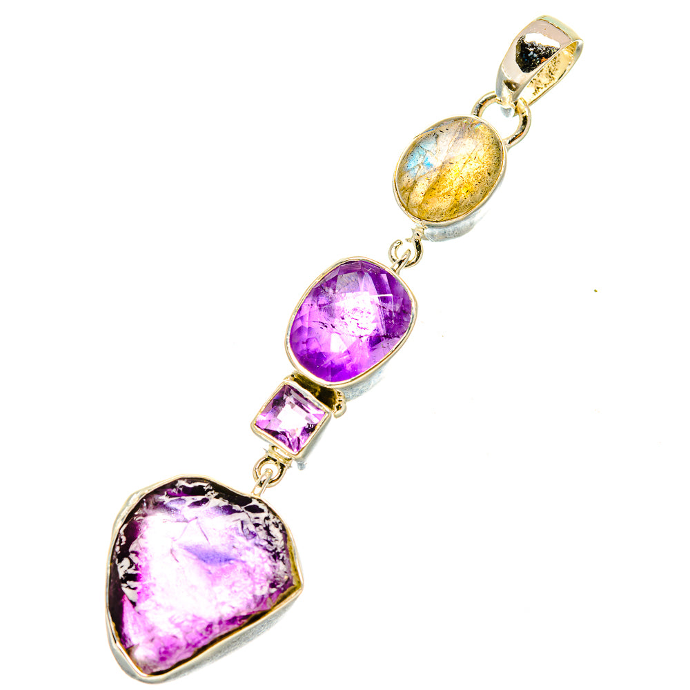 Amethyst and labradorite pendant in sterling silver, large purple heart and small square stones