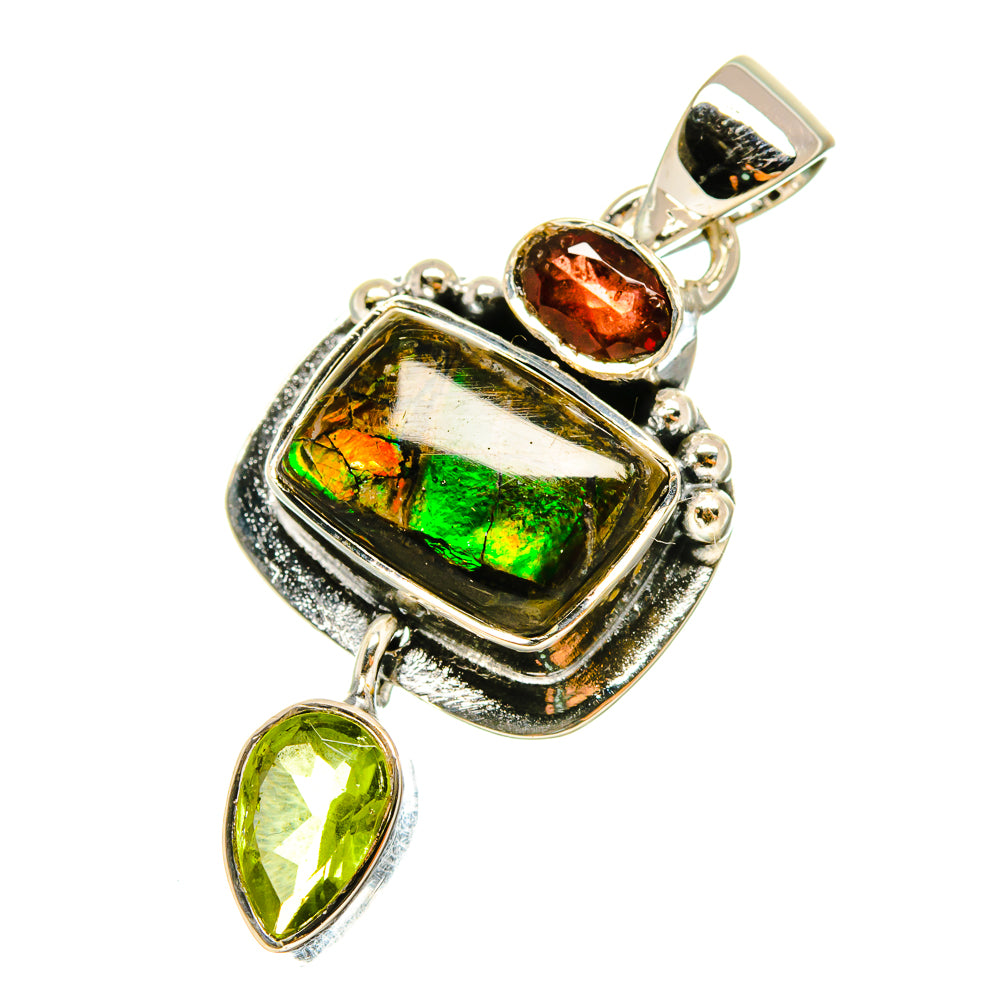 Iridescent ammolite pendant in sterling silver with orange garnet and green peridot teardrops