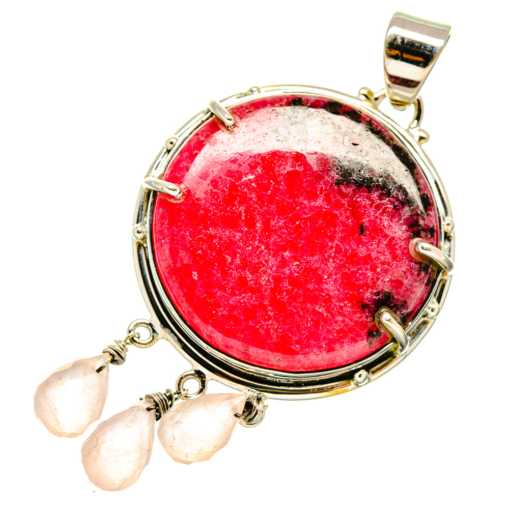 Rhodonite rose quartz pendant: round pink stone in silver bezel with three dangling drops