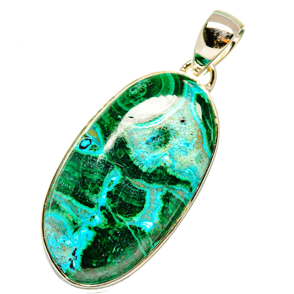 Oval malachite-chrysocolla pendant, green-blue stone in silver bezel and bail