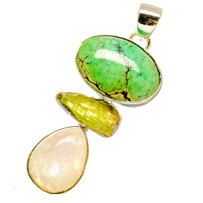 Oval turquoise and mother-of-pearl pendant with silver bail, two side stones visible