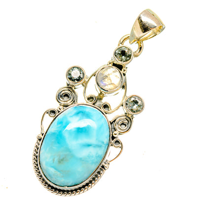 Sterling silver oval larimar pendant with moonstone center and green round stones