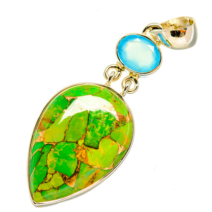 Teardrop pendant with green turquoise stone and blue round accent in silver