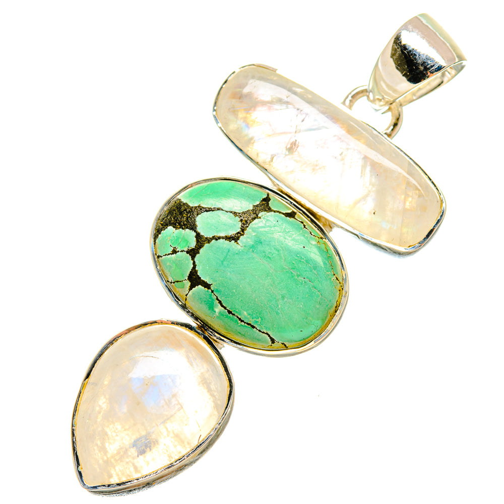 Gemstone pendant with green turquoise oval, two white opalescent moonstone teardrops, silver bail