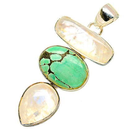 Gemstone pendant with green turquoise oval, two white opalescent moonstone teardrops, silver bail