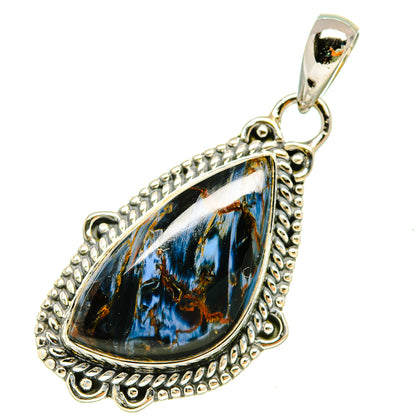 Pietersite sterling silver pear-shaped pendant with bail, ornate edge, blue gold stone