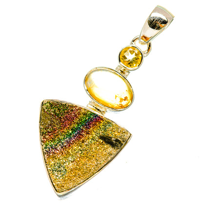 Citrine and druzy triangular pendant with oval amber stone and gold-green glitter in silver