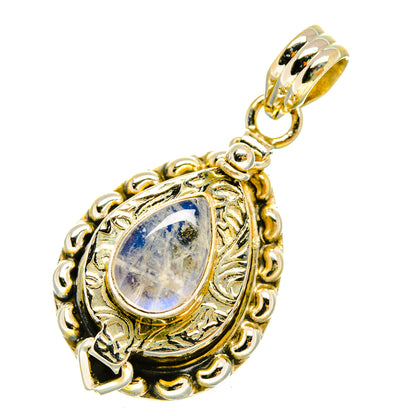Gold-tone sterling silver moonstone teardrop pendant with ornate frame and bail