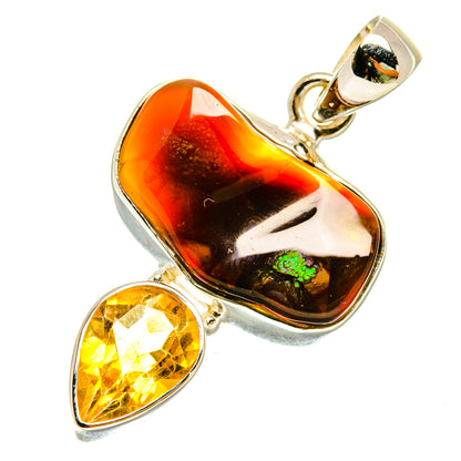 Fire agate and citrine pendant in 925 sterling silver, teardrop settings