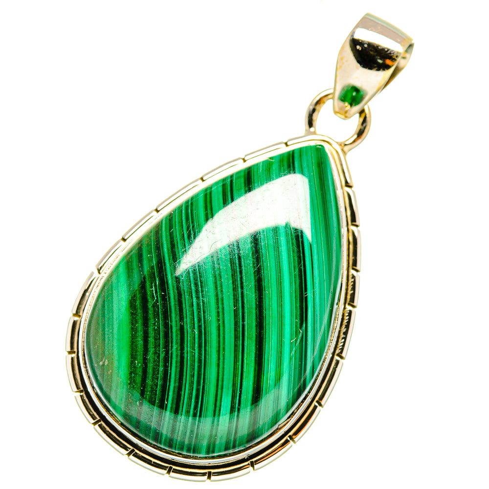 Malachite teardrop pendant with green striped malachite stone and 925 silver bail