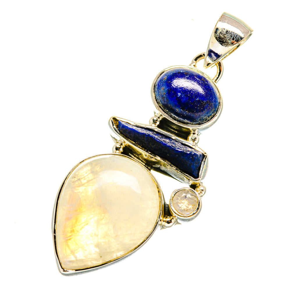 Gold-tone 925 sterling silver pendant with blue oval lapis and pale teardrop moonstone