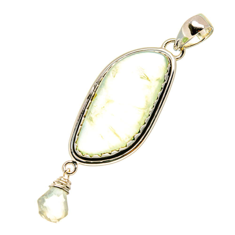 Sterling silver pendant with oval light green prehnite stone and white quartz dangle.