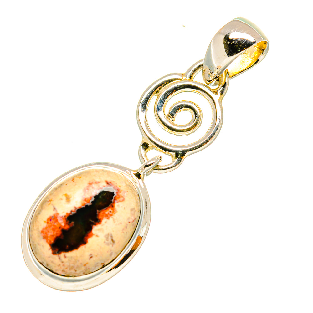 Sterling silver pendant with round fire opal stone, swirl link and top bail