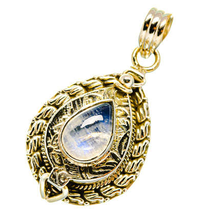 Sterling silver moonstone teardrop pendant with ornate gold-tone frame and bail