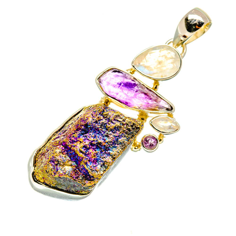 Sterling silver gemstone pendant with purple amethyst, rainbow moonstone, multicolor druzy