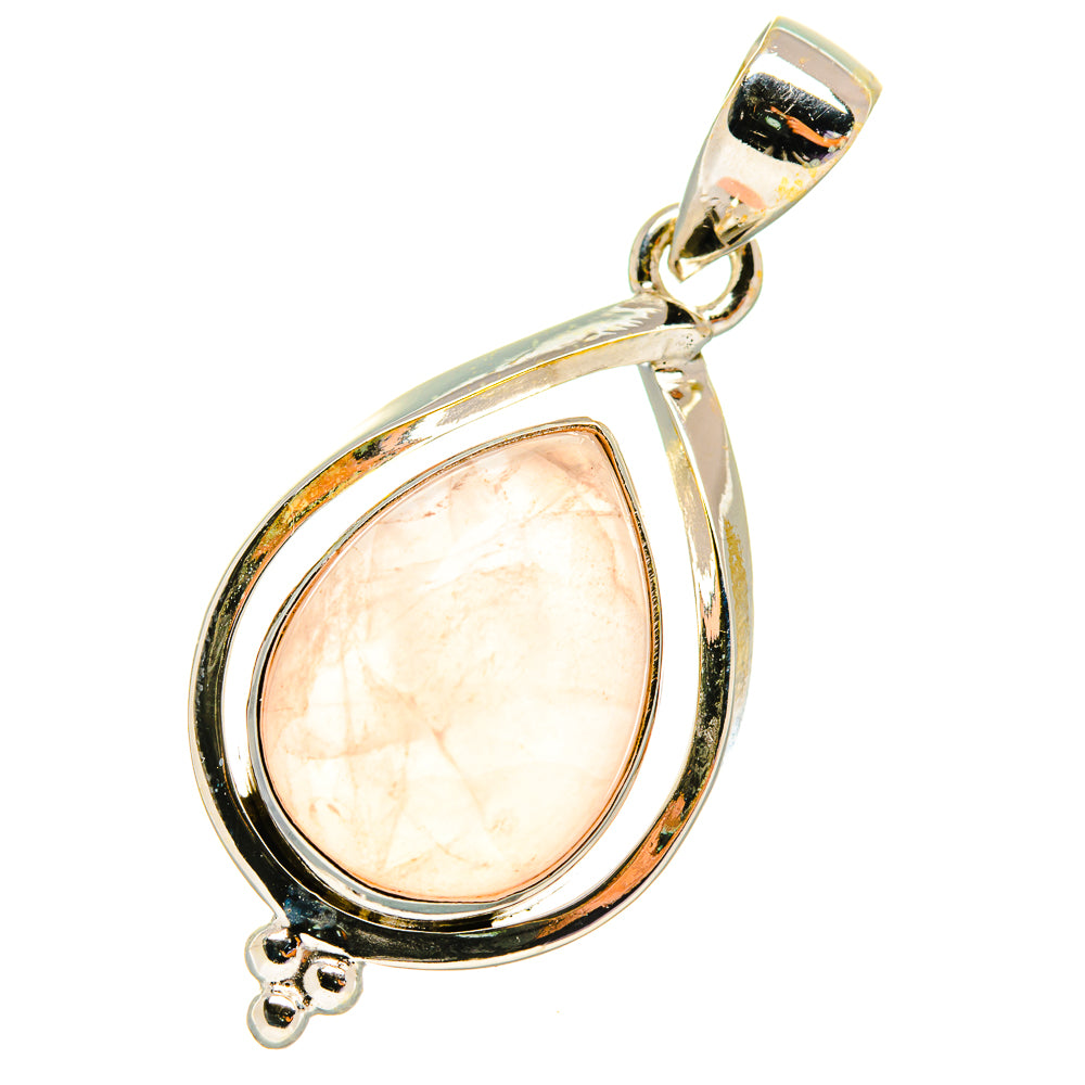 Teardrop rose quartz pendant with 925 sterling silver frame and loop bail, floral detail