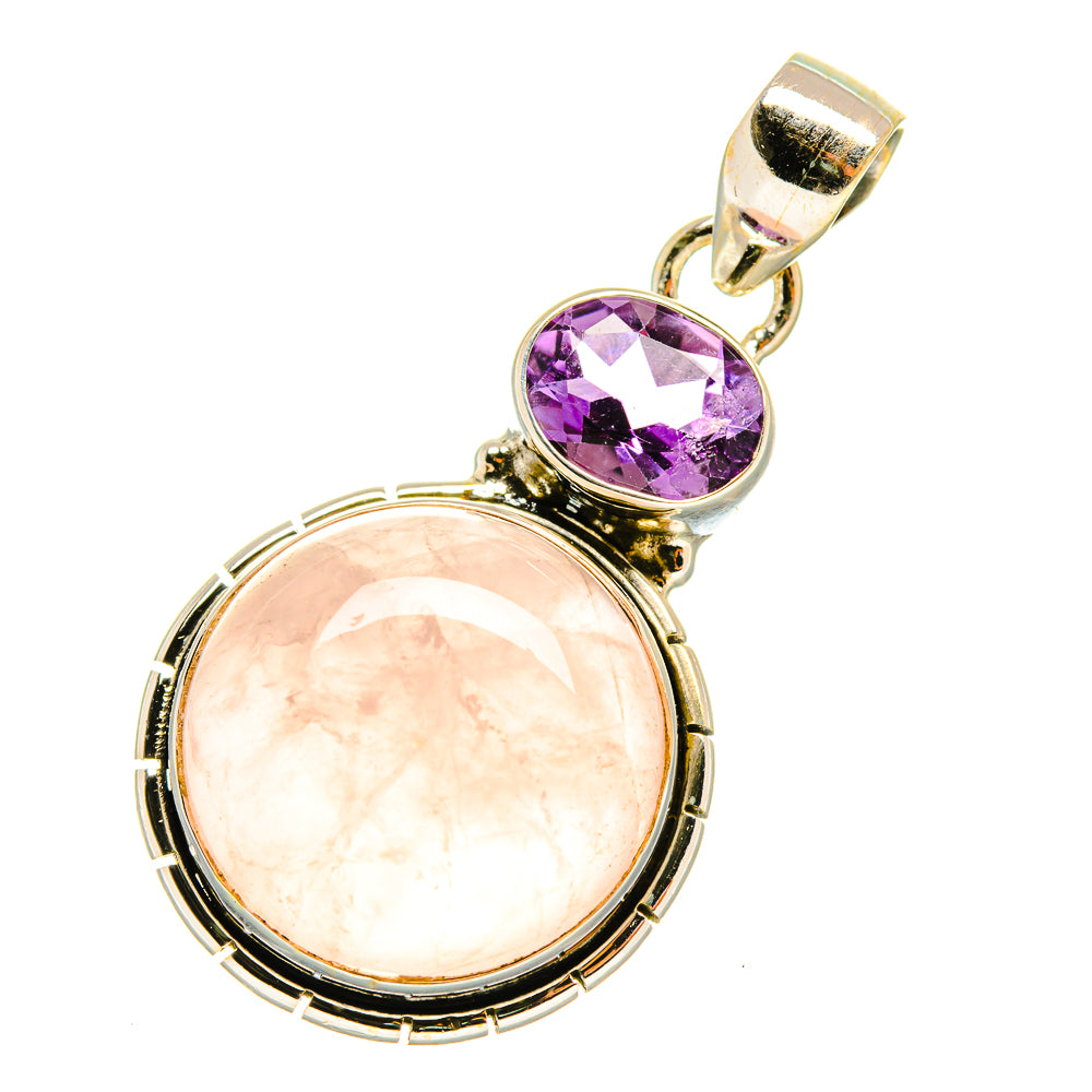 Oval rose quartz and round amethyst pendant on 925 sterling silver bail, side view