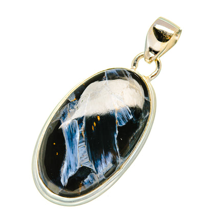 Oval pietersite pendant, 925 sterling silver bezel and bail, black with blue stripes