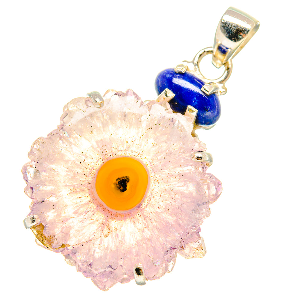 Sterling silver pendant with pink amethyst slice and blue lapis accent, metal bail