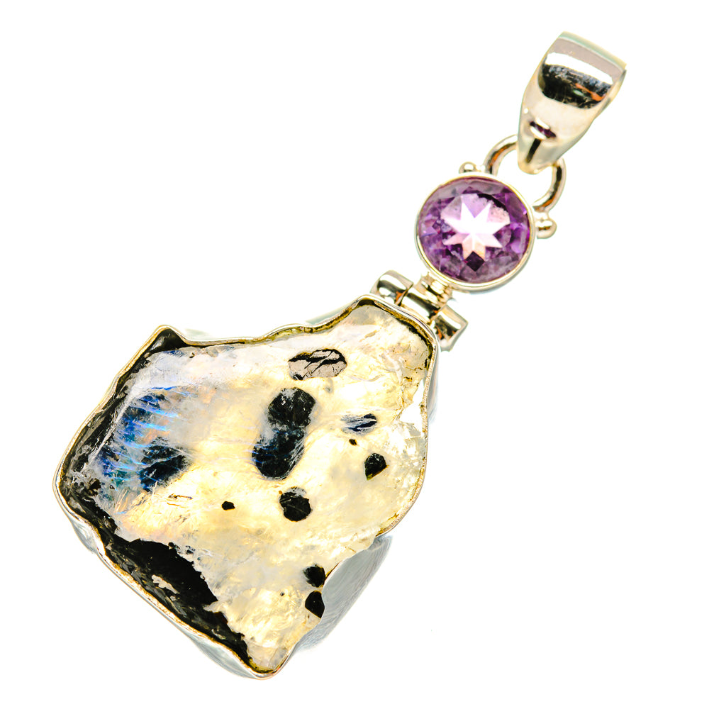 Sterling silver pendant with rough rainbow moonstone and round amethyst center stone